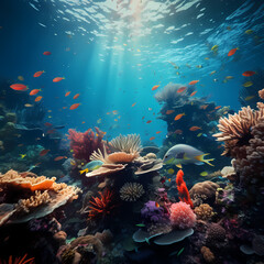 Surreal underwater scene with colorful marine life