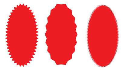 Starburst red sticker set - collection of special offer sale round and oval sunburst labels and buttons isolated on white background. Stickers and badges with star edges for promo advertising