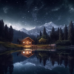 Fototapeta premium house on the lake in mountains night scene