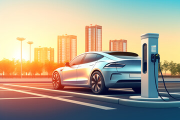 illustration. Car charging at electric car charging station. Electric vehicle charger station for charge EV battery. EV car charging point. Clean energy. Sustainable transportation. Green technology - obrazy, fototapety, plakaty