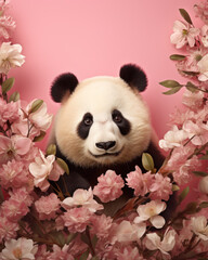 Cute panda in sakura flowers frame, creative holiday greeting card design, Valentine day concept
