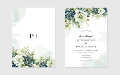 Succulents, roses and green branches. Wedding Invitation or greeting card, save the date, thank you, rsvp template