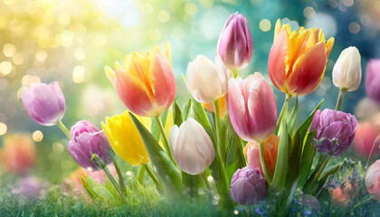 Easter colorful tulips flower on meadow, pastel light morning light bokeh.  - obrazy, fototapety, plakaty