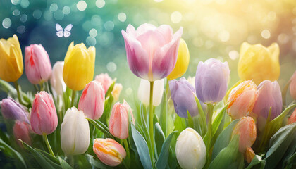 Easter colorful tulips flower on meadow,  beautiful morning light . - obrazy, fototapety, plakaty