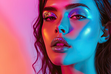 Woman With Vibrant Makeup and Sparkling Glitter on Her Face