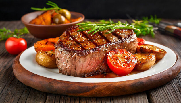 Grilled fillet steak served with tomatoes and roast vegetables on an old wooden board 