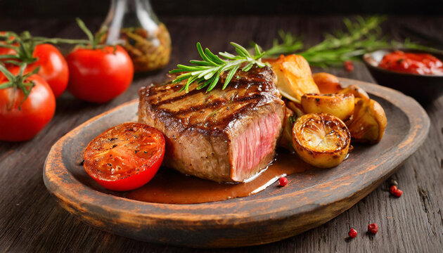 Grilled fillet steak served with tomatoes and roast vegetables on an old wooden board 