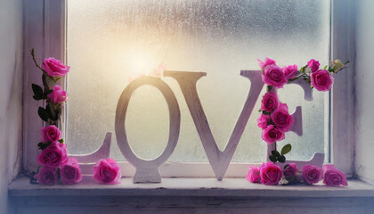 Love souvenir word stand at the foggy window.  Valentine background 