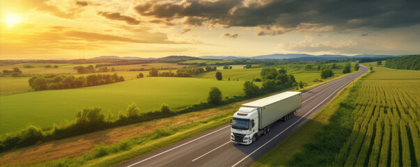 Truck on freeway top air view. Truck driving at beautiful spring landscape. - obrazy, fototapety, plakaty
