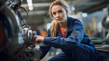 Fototapeta na wymiar Confident Female Worker Operating High-Tech Machinery in Modern Automotive Manufacturing