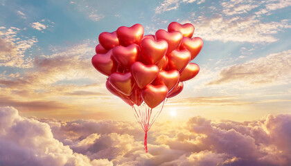 Fototapeta premium Red balloons heart in the sky in clouds sunset bright light .