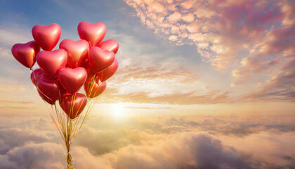 Red balloons shape heart in the sky in clouds in the  sunset bright light. - obrazy, fototapety, plakaty