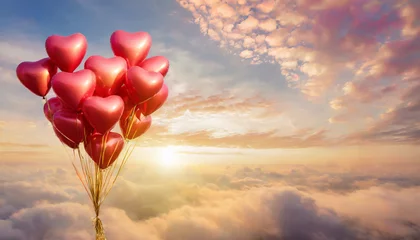 Fotobehang Red balloons shape heart in the sky in clouds in the  sunset bright light. © Karo