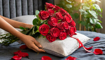 Fototapeta na wymiar red roses on the bed with a pillow;