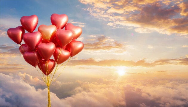 Red balloons heart in the sky in clouds sunset light .