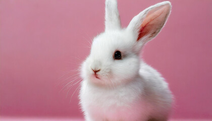 Obraz premium White cute baby rabbit standing on pink background.