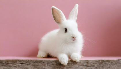 White cute baby  rabbit standing on pink background.