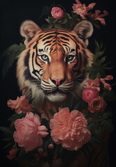 Elegant tiger holding bunch of flowers, creative holiday greeting card design, Valentine day concept
