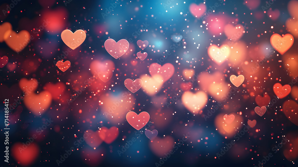 Poster abstract dark gradient background with hearts shape bokeh.