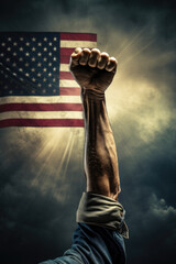 Man worker design with one hand in the air in the form of a fist