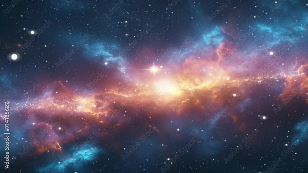 Wall mural loop animation of space nebula towards light loop animation. glowing galaxies and stars passing foot