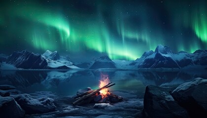 View of night sky with multicolored aurora borealis and snowy mountains peak background. Night glows in vibrant aurora reflection on the lake with forest. 