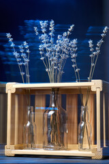 Glass bottles with dry lavender branches and wooden box on a dark background