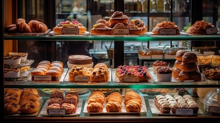 Showcase with sweets in a bakery or coffee shop. Making cakes and pastries Concept: confectionery