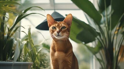 Curious Abyssinian Cat with E-Collar and Cone of Shame AI Generated