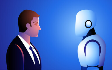 Businessman in a face-to-face encounter with a robot, captures the essence of the human-technology interface, symbolizing the dynamic relationship between artificial intelligence and human ingenuity