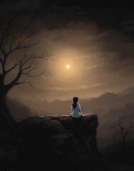 nature, night, woman, tree, meditation, moon, art, ilustration