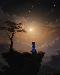 nature, night, woman, tree, meditation, moon, art, ilustration
