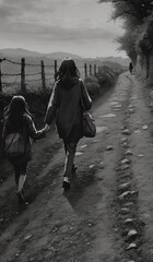 walk, woman, children, art, ilustration