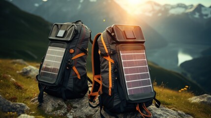 Modern Backpacks with Solar Panels for Charging Electronic Devices While Hiking or Outdoors AI Generated - obrazy, fototapety, plakaty