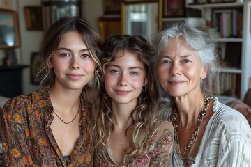 three generation of positive women smiling while looking at camera 