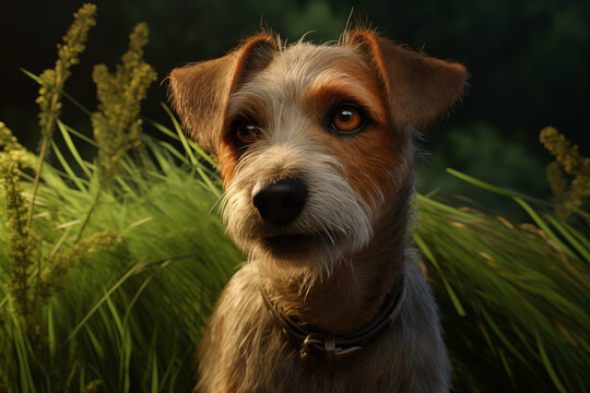 Portrait of a purebred dog with grass background. Illustration related to dogs. Pet. Dog related event. The world of dogs. Adopt a dog.	
