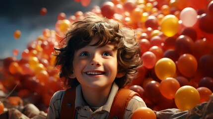 Fototapeta na wymiar Happy Kid Boy Having Fun Flying Up with Air Balloon