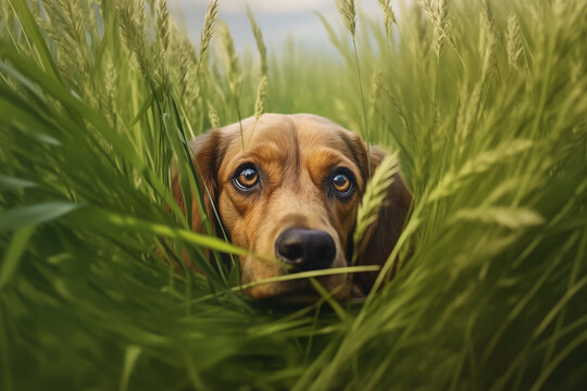 Portrait of a purebred dog with grass background. Illustration related to dogs. Pet. Dog related event. The world of dogs. Adopt a dog.	
