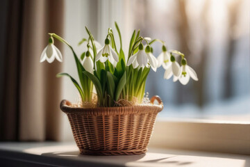 Bouquet of snowdrops in a wicker basket