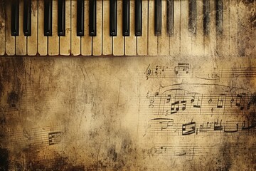 Vintage Melodic Echoes: Old Keyboard and Music Notes Create a Grunge Music Background Wallpaper