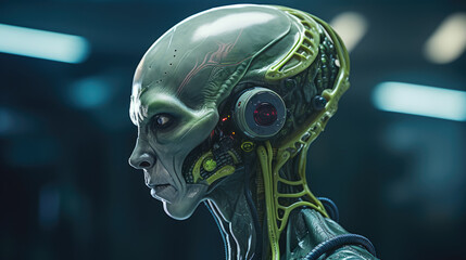 Military alien in green color with non-human biological creature concept. Generative ai