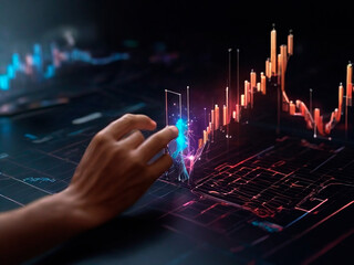 Hologram information graphics and human hand. World of innovative technologies