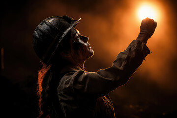 Miner worker woman raising hand on dark night background
