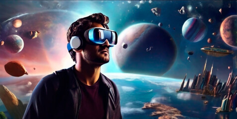 A man wearing virtuality glasses is immersed in a virtual intergalactic world.