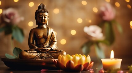 Brass Buddha Figurine on Table with Candle Flame and Lotus Flowers in Spa Room AI Generated