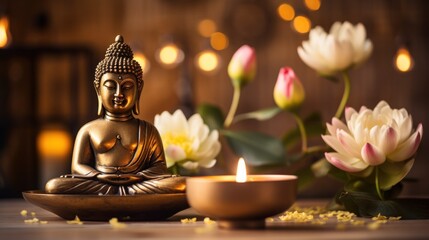Brass Buddha Figurine on Table with Candle Flame and Lotus Flowers in Spa Room AI Generated