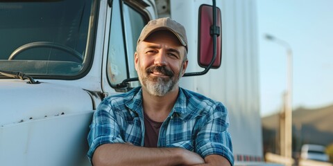 Happy middle aged male driver standing in front on his truck - obrazy, fototapety, plakaty
