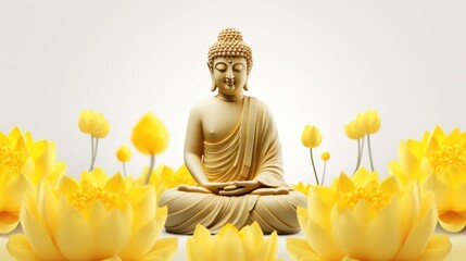 Buddha Figurine Among Yellow Lotus Flowers in a Modern 3D Style AI Generated
