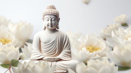 Buddha Figurine Among White Lotus Flowers in 3D Style AI Generated AI Generated