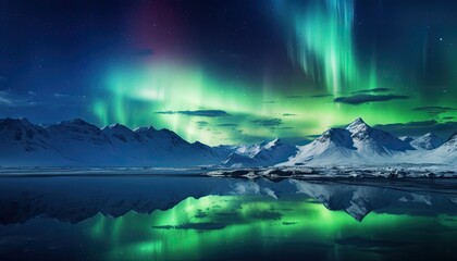 Naklejka premium View of night sky with multicolored aurora borealis and snowy mountains peak background. Night glows in vibrant aurora reflection on the lake with forest. 